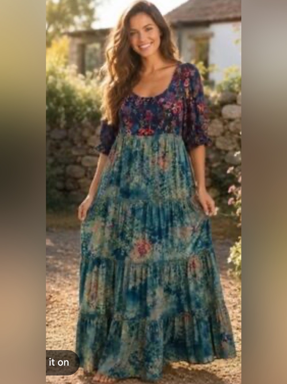 NATURAL LIFE Blue and Green Floral Accent Maxi Dress